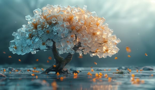 An ice cube tree sculpture stands in a body of liquid surrounded by the sky. This art installation is a unique event in the landscape, highlighting the effects of pollution on our environment