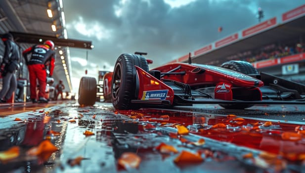 A red race car is parked by the side of a rainsoaked track, with clouds filling the sky above. The vehicles automotive tires glisten with water droplets, ready for the racing event ahead