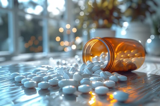 A glass bottle of nutraceutical pills has tipped over on a table, spilling its contents. The pills are scattered around the table