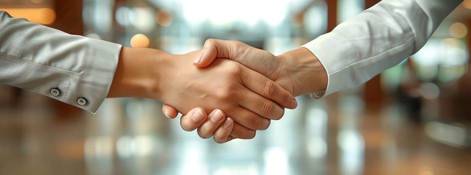 A closeup of two individuals sharing a firm handshake in an office setting, their hands showing gestures of trust and cooperation with electric blue sleeves in the background