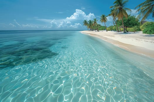 A picturesque natural landscape with palm trees on a tropical beach, where clear azure water meets the sky, creating a serene coastal and oceanic landform