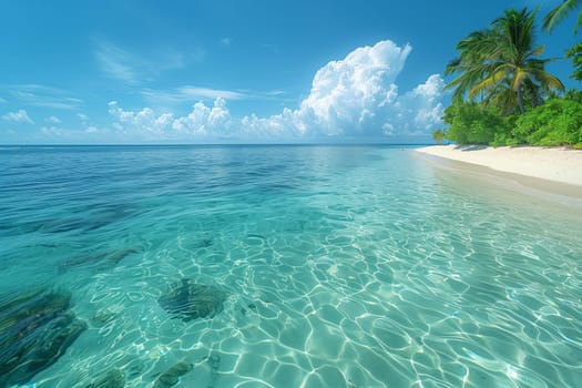 A natural landscape of a tropical beach with palm trees, azure waters, and a clear blue sky. The fluid and liquid aqua of the ocean meets the sandy beach, creating a picturesque travel destination