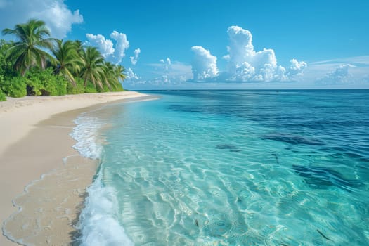 A picturesque natural landscape with palm trees lining the azure beach, crystal clear waters blending into the blue sky with fluffy clouds