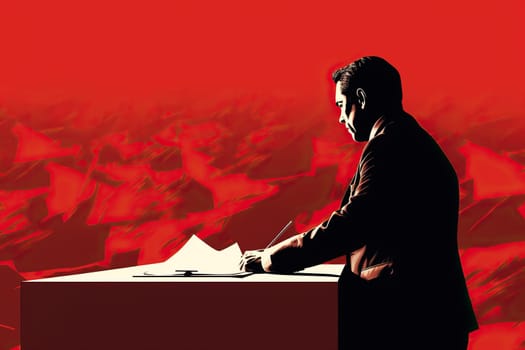 Image of a male politician at a table with papers on a red background. Concept of elections, politics, democracy.