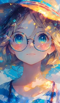 A close up of a girl with azure eyewear and a purple hat, showcasing her dolllike eyelashes and iris. The glasses frame her vision care perfectly