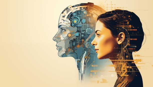 In this mesmerizing image, a woman and a robot stand face to face, engrossed in a mysterious meeting. The robot, an AI language tutor, imparts wisdom while the woman absorbs its teachings, forming a deep connection between human and machine.