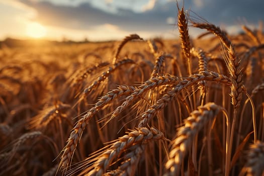 Close-up of a beautiful wheat field in the rays of sunset. Beautiful village landscape. A bountiful harvest.