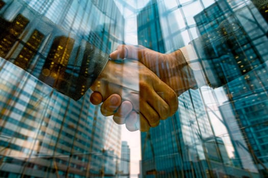 business deal shaking hands on a skyscraper office background,. Generative AI.