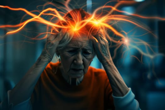 Havana syndrome, elder woman with migraine or headache holding her head due to pain, . generative Ai.