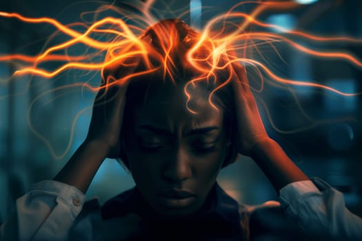 Havana syndrome, woman with migraine or headache holding her head due to pain, . generative Ai.