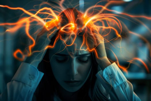 Havana syndrome, woman with migraine or headache holding her head due to pain, . generative Ai.