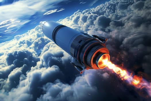 A rocket soars from Earth into space, science concept. Generative AI.