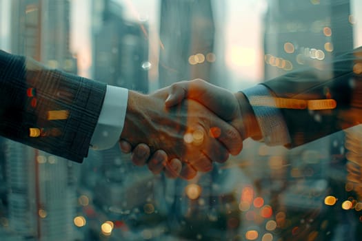 business deal shaking hands on a skyscraper office background,. Generative AI.
