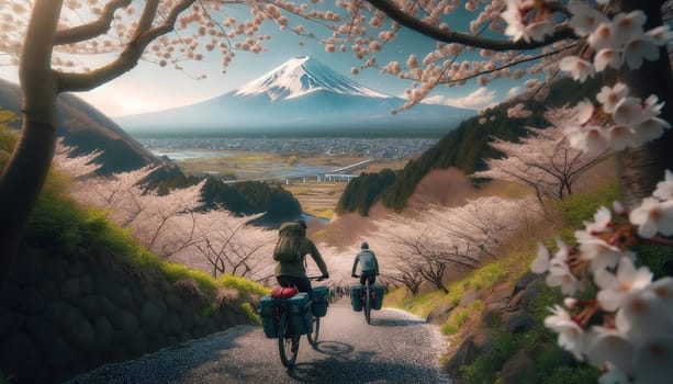 Behind two people bikepacking in Japan with Mount Fuji in the background, wide shot. High quality photo