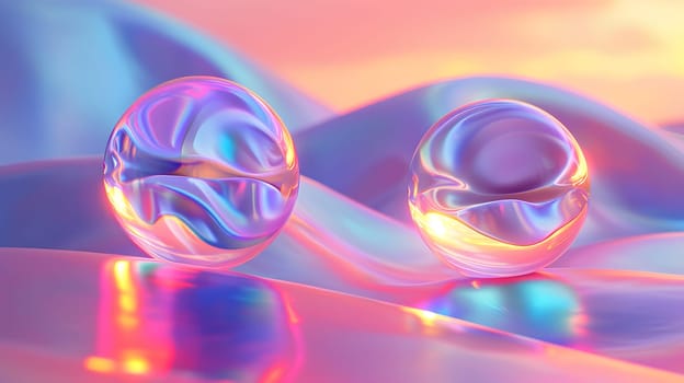 Two holographic balls are resting on a vibrant surface resembling water, emitting shades of purple, magenta, and electric blue, creating an artistic display