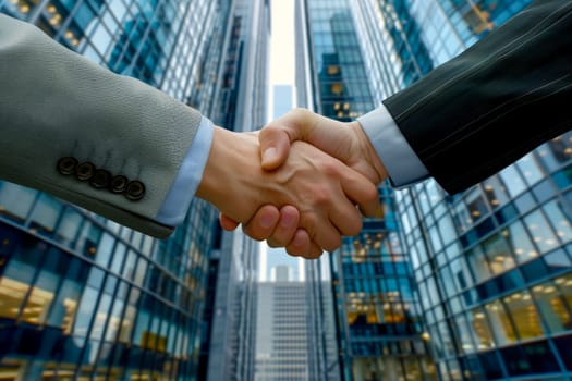 business deal shaking hands on a skyscraper office background,. Generative AI.
