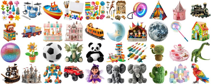 big collection of different toys for children kid, school playroom decor, magnet toy, doll, teddy bear, board game, photo collage set, isolated transparent background AIG44