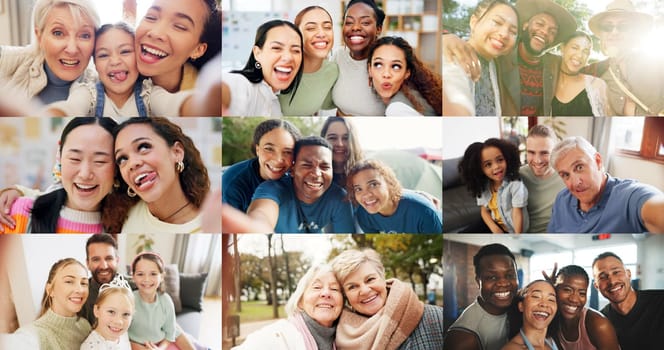 Group of people, diversity and collage with selfie or smile for fun with laugh, talking or happy. Community, older woman and multi screen for connection or communication with multiracial or social.