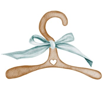 Watercolor drawing of a cute wooden hanger decorated with with blue vintage bow. Pretty illustration for baby shower invitations and cards and for the birth of a baby.