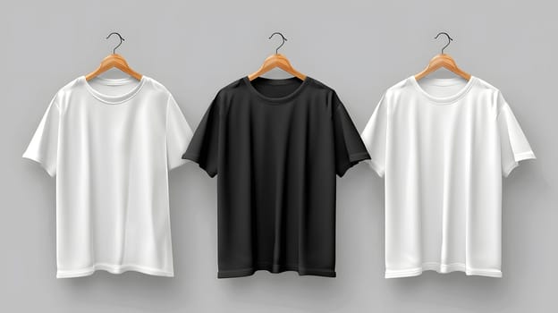 Outerwear consisting of three white and black Tshirts with unique fashion designs hanging on wooden hangers, showcasing different sleeve patterns for a stylish event outfit