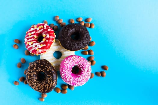 Donut with hazelnuts on a blue background, close up