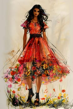 A fashion design of a woman in a red gown with floral patterns, featuring a onepiece garment with sleeves and a defined waist. This formal wear art piece depicts a day dress surrounded by flowers