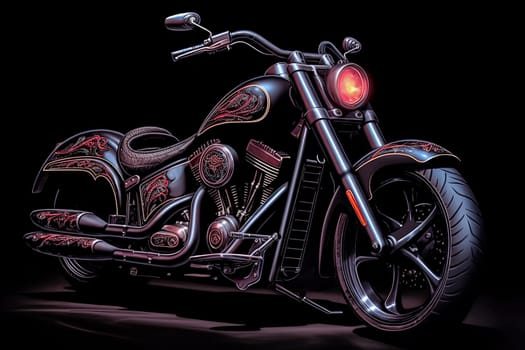 A colorful motorcycle with a neon light on the front wheel. The bike is designed to look like a piece of art