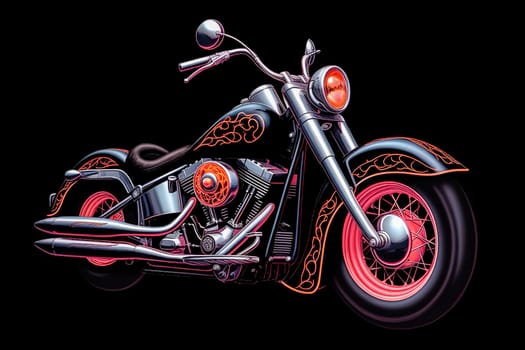 A colorful motorcycle with a neon light on the front wheel. The bike is designed to look like a piece of art