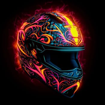 A colorful helmet with a black face. The helmet is designed to look like a cartoon character. The colors are bright and vibrant, giving the helmet a fun and playful appearance