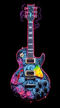 A colorful guitar is shown in a photo with smoke in the background. The guitar is the main focus of the image, and the smoke adds a sense of depth and atmosphere to the scene