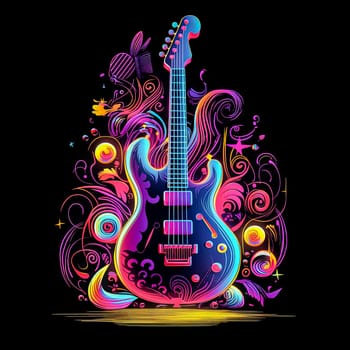 A colorful guitar is shown in a photo with smoke in the background. The guitar is the main focus of the image, and the smoke adds a sense of depth and atmosphere to the scene