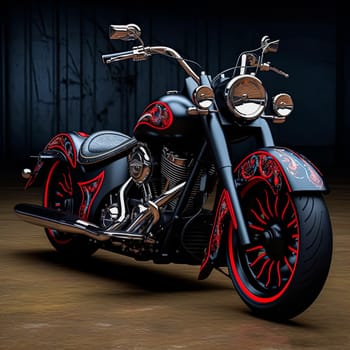 A black motorcycle with red accents is parked in front of a dark background. The motorcycle is the main focus of the image, and it is a custom or modified bike