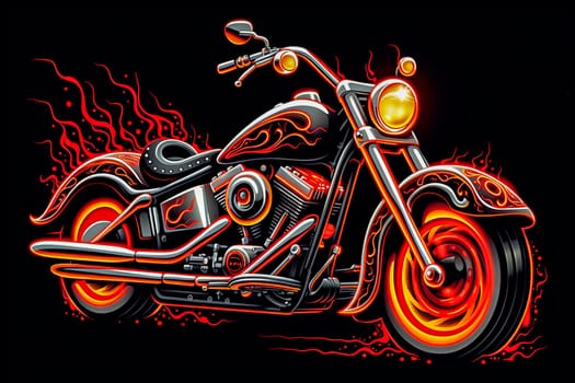 A colorful motorcycle with a neon light on the front wheel. The bike is designed to look like a piece of art