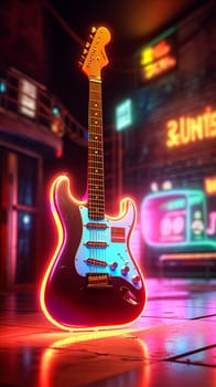 A neon guitar with a purple and blue color scheme. The guitar is lit up and he is glowing