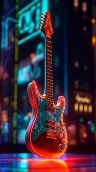 A neon guitar with a purple and blue color scheme. The guitar is lit up and he is glowing