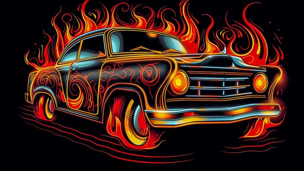 A car with flames on it. The flames are orange and yellow