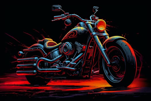 A colorful motorcycle with a neon light on the front wheel. The bike is designed to look like a piece of art