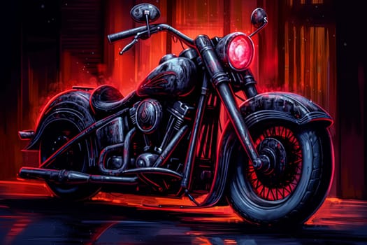 A colorful motorcycle with a neon light on the front wheel. The bike is designed to look like a piece of art