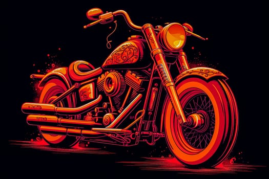 A colorful motorcycle with a neon light on the front wheel. The bike is designed to look like a piece of art