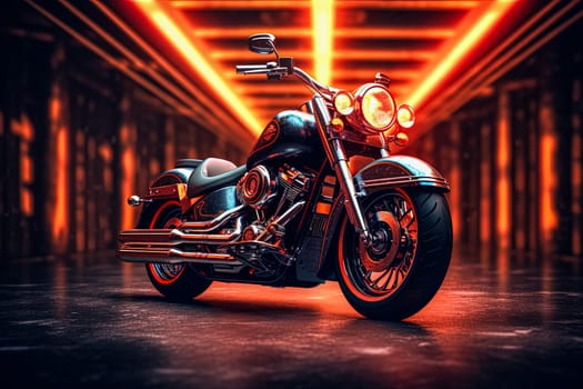 A colorful motorcycle with a neon light on the front wheel. The bike is designed to look like a piece of art