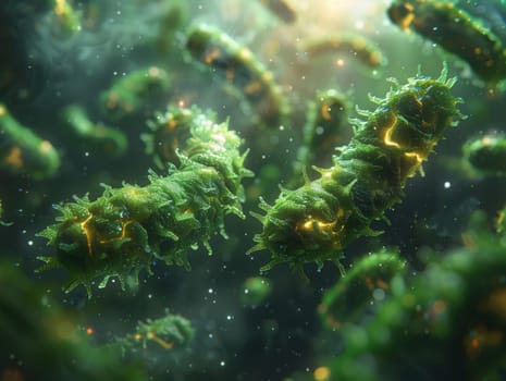 A group of green algae is swimming underwater, creating a beautiful pattern in the water. This scene is a common sight in marine biology research
