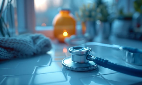 In a gas blue room, a stethoscope and a toothbrush sit on a counter next to a gas stove. The scene forms a perfect circle of symmetry, perfect for still life photography