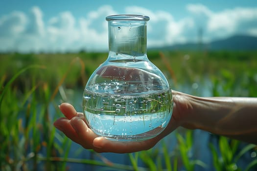 A person stands in front of a picturesque field, holding a bottle of water. The clear liquid contrasts against the green grass and blue sky