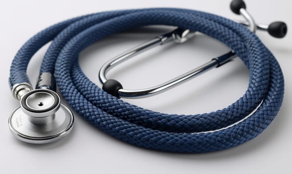 A product made of electric blue metal wire, resembling a fashion accessory. The stethoscope is placed on a white surface, showcasing its silver circle design