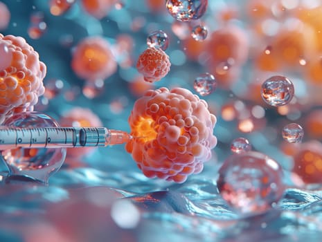 A syringe containing a vaccine is injecting into a cell, using a combination of Water, Glass, and Electric blue to create a creative and artistic representation of the process