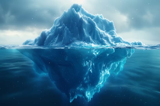 A massive iceberg is drifting on the surface of the water, set against the backdrop of a clear sky and natural landscape, with mountains in the distance