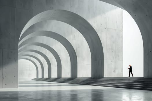 A man is strolling through a tunnel of grey arches with symmetrical style. The monochrome photography captures the tints and shades of the monochrome building reflecting in the water