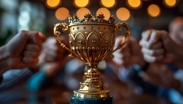 A group of individuals holding a prestigious gold trophy at a competition event in the city. The trophy symbolizes tradition and triumph in a place of worship