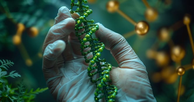 A person adorned with gloves is gently cradling a terrestrial plant in their hand, showcasing the natural beauty of grass and trees