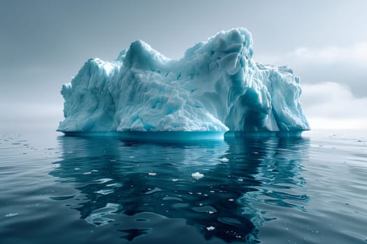 A massive iceberg drifts in the ocean, surrounded by liquid water and under a clear sky. The polar ice cap landscape is freezing cold, with snow covering the iceberg